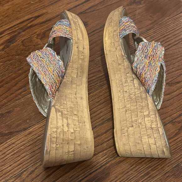 Italian Shoemakers Cork Wedge Slip On Sandals Rainbow Metallic Knit Size 9.5 EUC - Picture 8 of 9